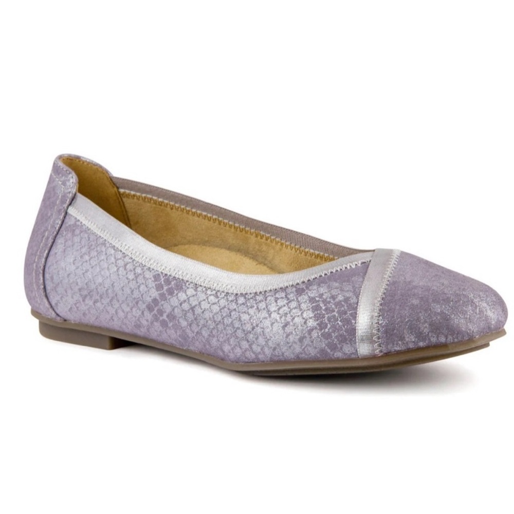 Vionic Caroll Purple Pewter Ballet Flat Metallic Snakeskin Leather Slip On 9.5